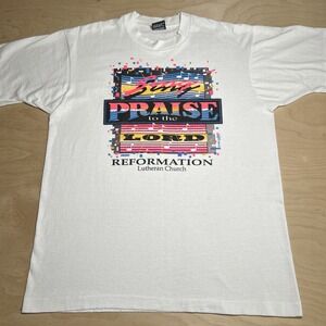 VINTAGE Sz Large White Single Stitch Shirt Made In USA 1990 Praise The Lord Tee